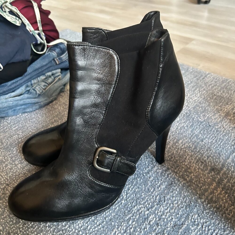 Stuart Weitzman Black Leather Ankle Boots with Buckle Detail - Designer Booties